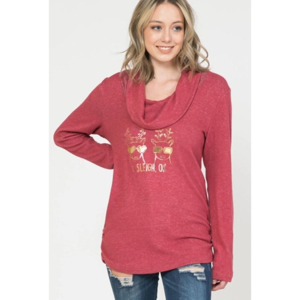 Red Cowl Neck Long Sleeve Christmas Top With "Sleigh Ok" Graphic Small